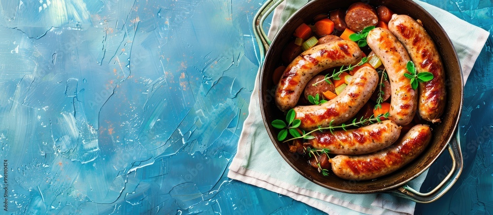 Poster Top view of sausages with thyme and vegetables in an old pan placed on a white napkin against a blue backdrop with copy space image
