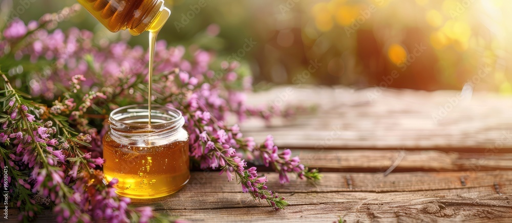 Poster Honey being poured into a jar and heather flowers arranged on a wooden table with space for text beside a copy space image