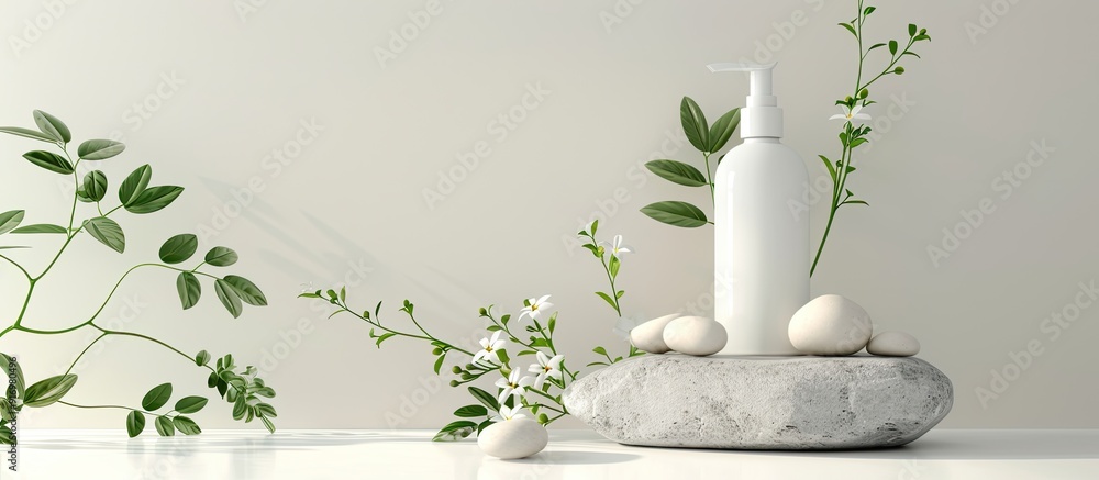 Poster Mock up of a unbranded white lotion or shampoo bottle with natural plant and stone decor for skincare routine displayed in a banner with ample copy space image