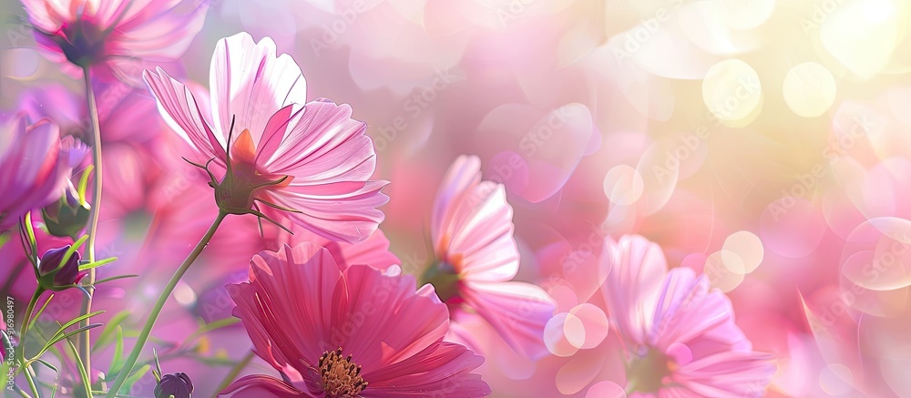 Poster Pink flowers are softly blurred in the background creating a copy space image ideal for adding your inscriptions or designs