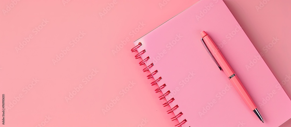 Aufkleber pink background with copy space for text featuring a pen and a notebook