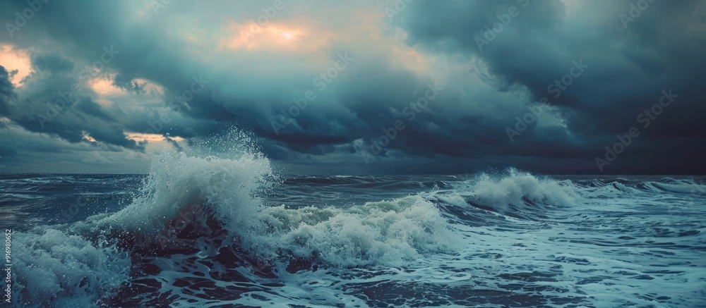 Aufkleber scenic seascape at dusk with waves crashing under a beautiful cloudy sky ideal for travel and touris