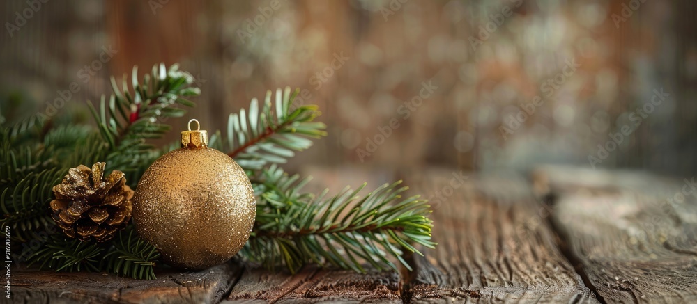 Poster a festive christmas decoration featuring a fir branch and a sizable golden ornament on a rustic wood