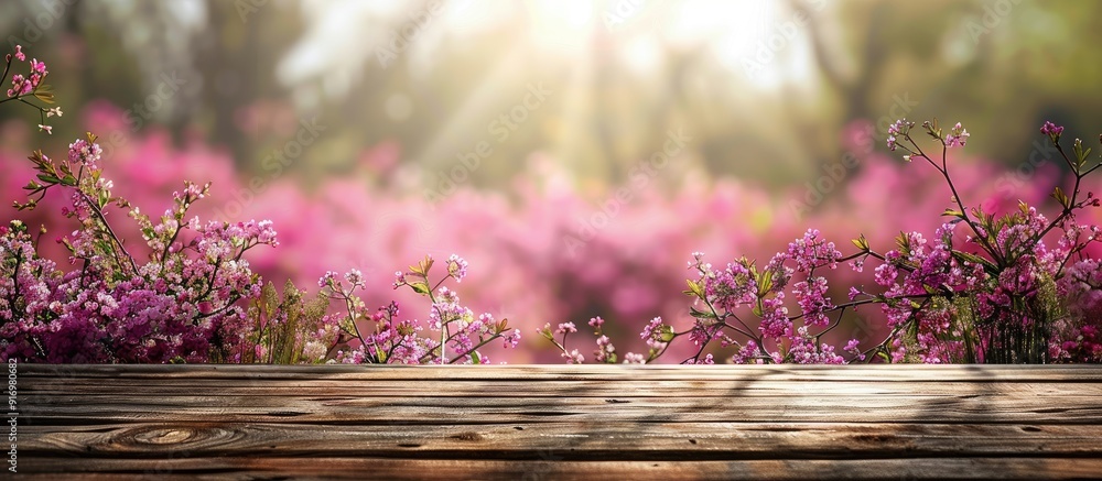 Fototapete a wooden table with a blurred background of a pink flower field or garden ideal for a valentine s da