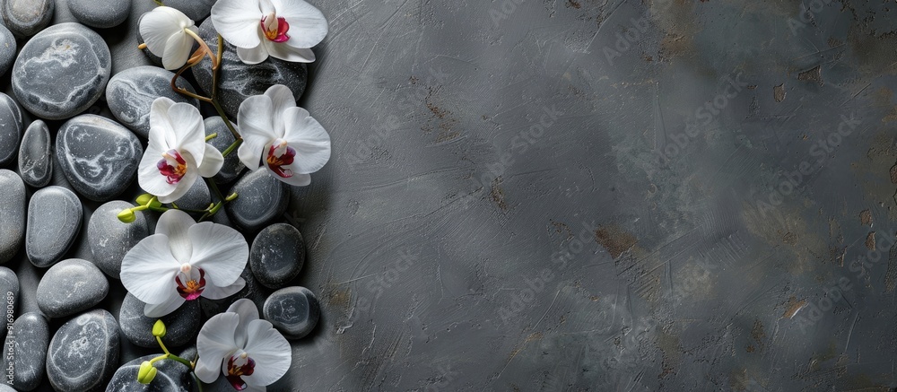 Poster Grey background adorned with a display of spa stones and orchid flowers perfect for adding text in the available copy space image