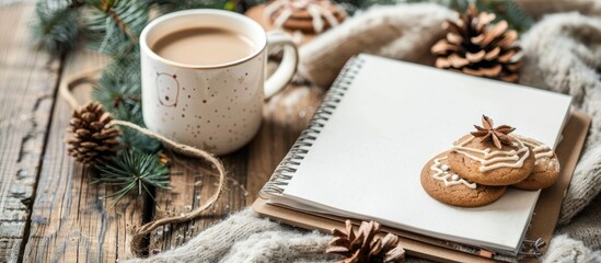Festive Christmas scene with a blank notebook and holiday cookies on a wooden table suitable for adding text or graphics copy space image