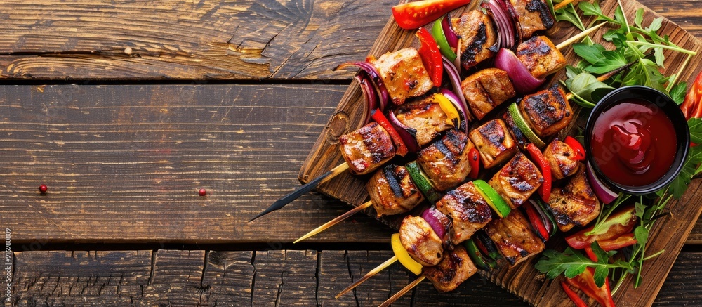 Poster pork shashlik with grilled veggies salad and ketchup on a wooden board in a picturesque setting with