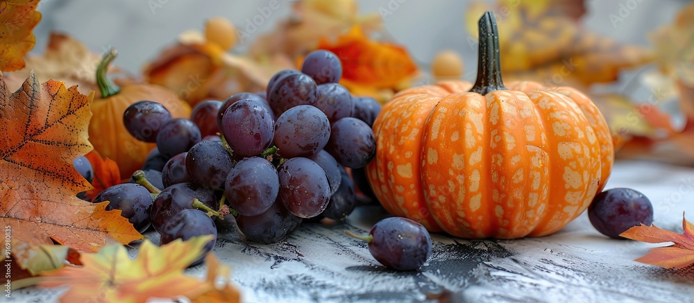 Aufkleber fall themed arrangement featuring an orange pumpkin surrounded by grapes and autumn leaves creating 
