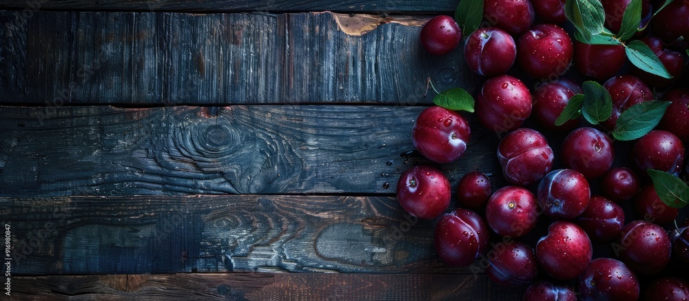 Poster ripe plums are spread out on a dark wooden table with a moody background soft lighting and space for