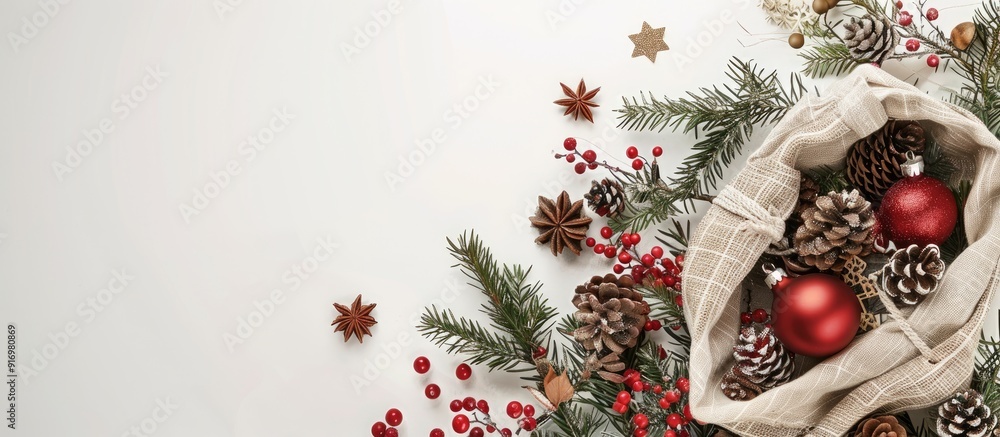 Aufkleber A festive array of decorations spill out of a bag onto a white table creating a Christmas themed setting with a winter holiday vibe and ample copy space image for a top view