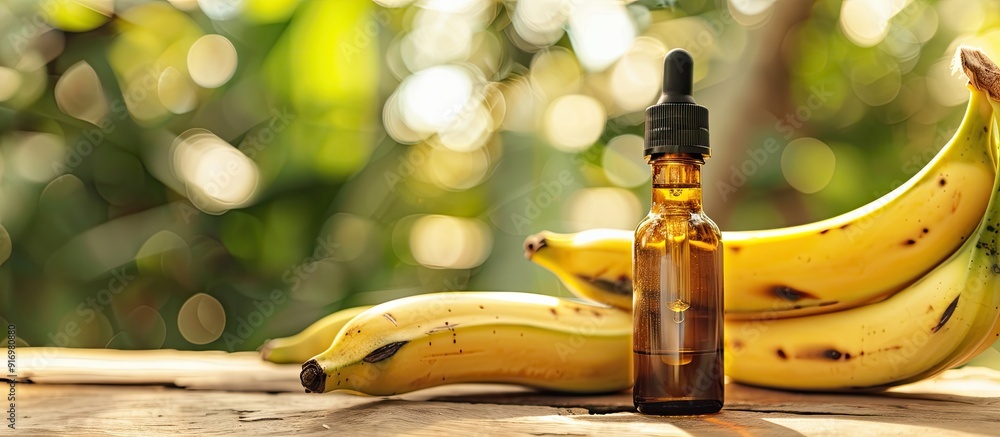 Poster small bottle with plantain extract in selective focus presenting a natural copy space image