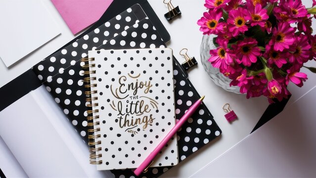 A notebook with a pink flower and pen on top of it, AI