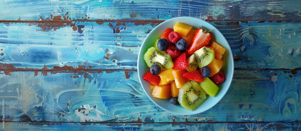 Poster fresh fruit salad on rustic blue wood background for a health conscious active lifestyle ideal for d