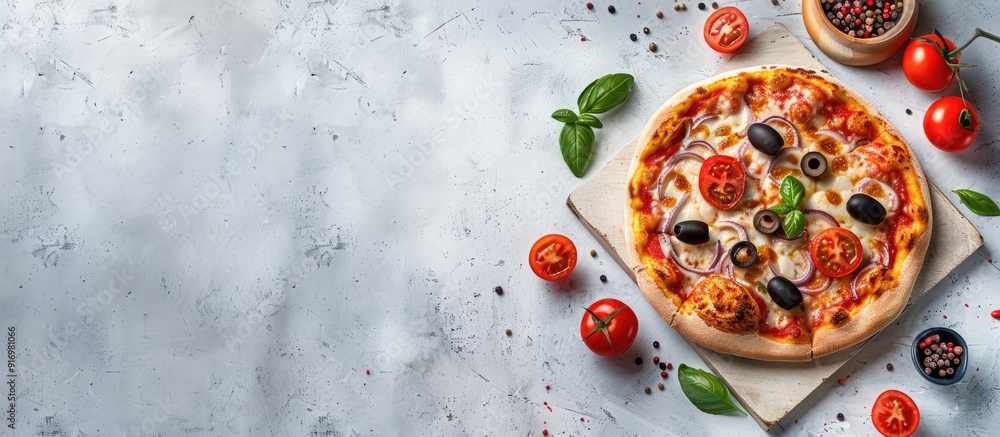 Poster Pizza with olives and tomatoes placed on a concrete surface creating a composition suitable for a copy space image