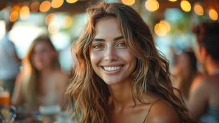 Fototapeta premium Smiling woman enjoying a summer evening with friends at a rooftop cocktail party