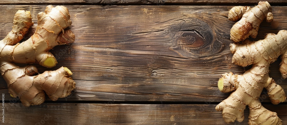 Poster Macro shot of ginger on a wooden backdrop with ample copy space image available