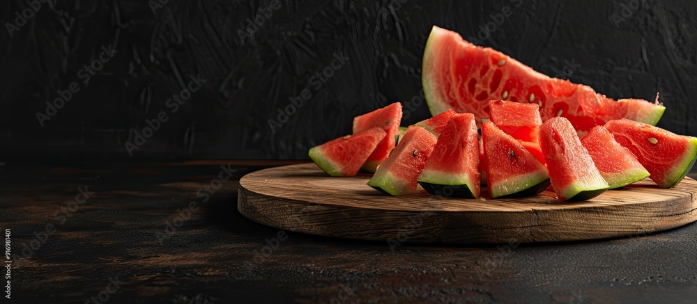 Poster watermelon pieces on a wooden board half a watermelon in the background black background horizontal 