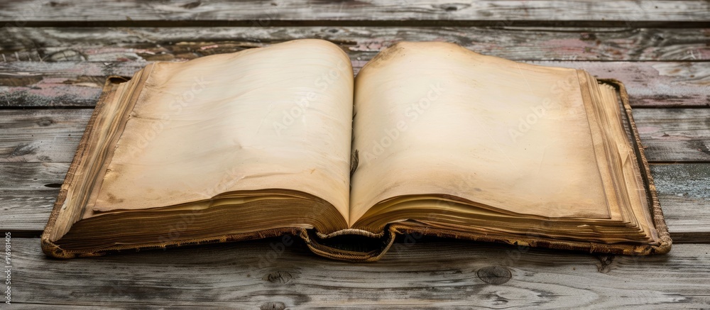 Leinwandbilder wooden table hosting an open book featuring blank pages with copy space image