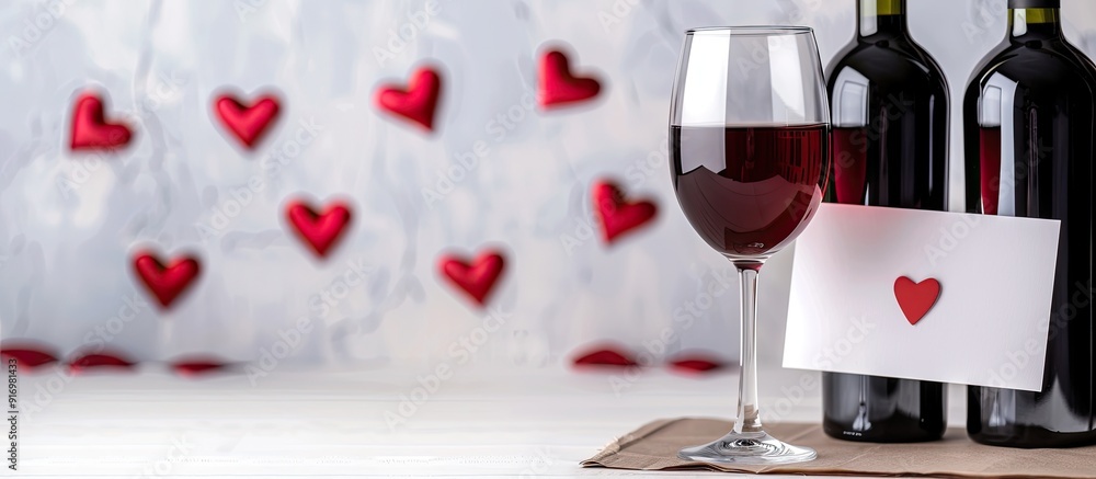 Poster valentine s day themed backdrop featuring wine glasses a bottle of red wine and a greeting card agai