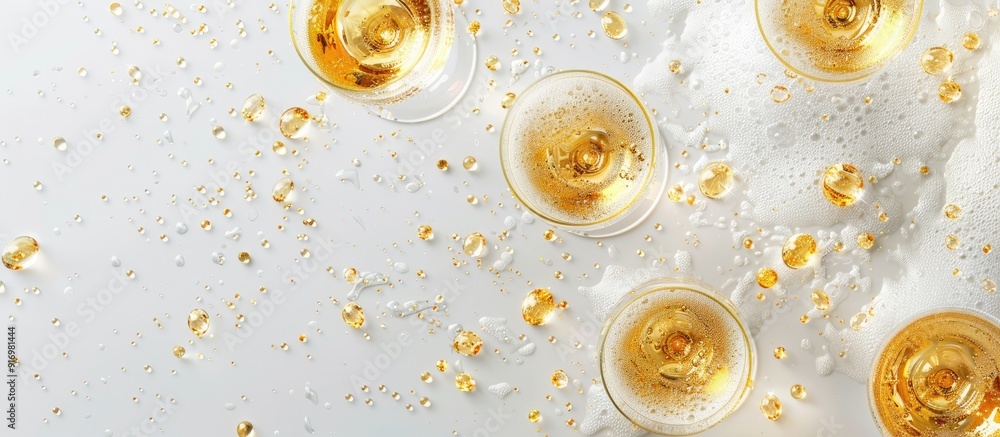 Poster Gold colored champagne glasses on a white background frame with a region for additional image or text