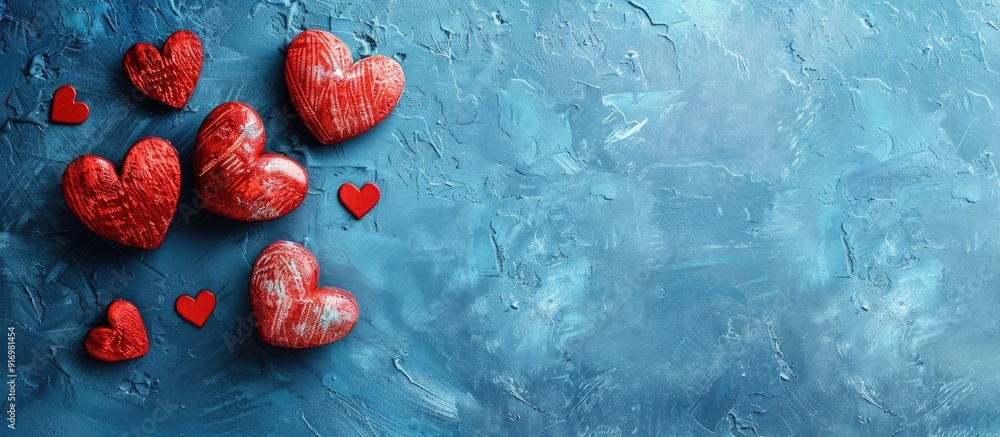 Poster romantic valentine s day concept with heart shapes on a blue surface offering a copy space image for