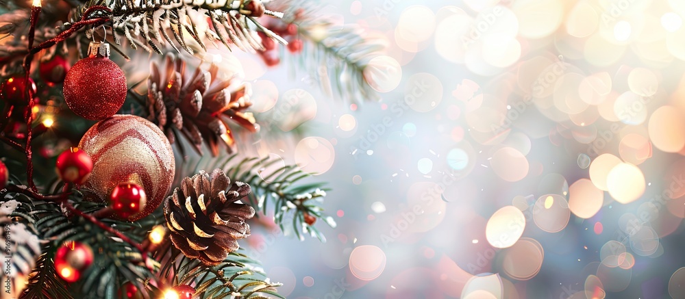 Poster Festive holiday greeting card showcasing lovely decorations with a blurred background for adding text or other elements Perfect for copy space image