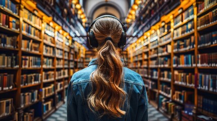 Woman in a Library Wearing Headphones