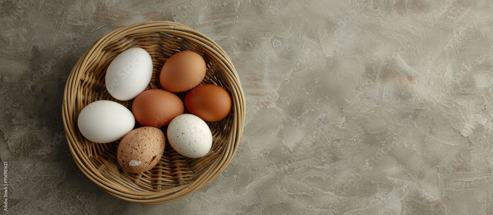 Poster eggs from ducks arranged in a basket woven from rattan with copy space image available