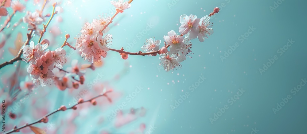 Aufkleber Plum tree branches in bloom against a blue backdrop perfect for a holiday themed image with space for text overlay at the top. Creative banner. Copyspace image