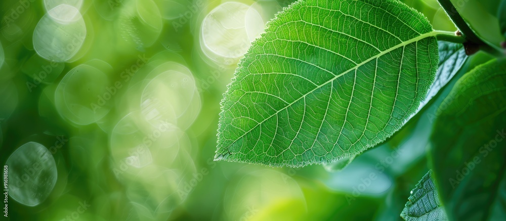 Leinwandbilder green leaf in close up with a blurred greenery backdrop providing copy space for text ideal for fres