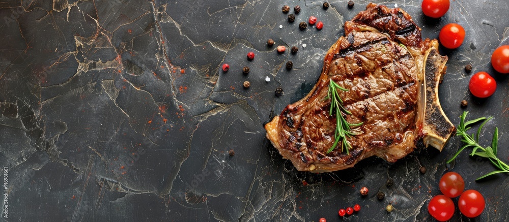 Canvas Prints A grilled T bone steak displayed on a stone background with ample copy space for adding your text