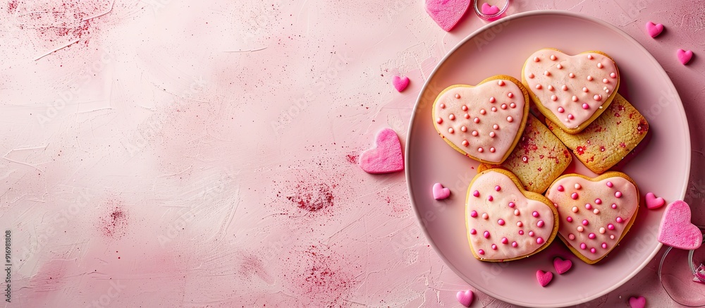 Fototapete Valentine s theme with heart shaped cookies on a pink surface displayed as a flat lay with copy space image for text placement