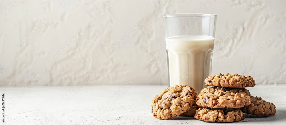 Poster oatmeal cookies paired with a glass of milk displayed on a white backdrop with copy space image