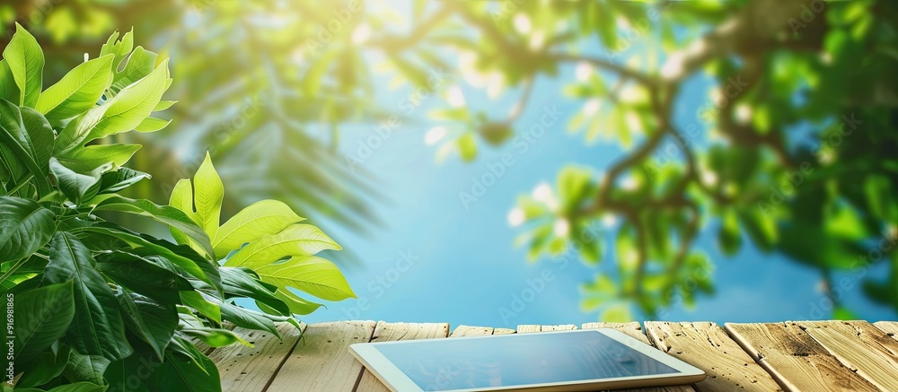 Poster wooden table with a digital tablet resting on it accompanied by lush green leaves all set against a 