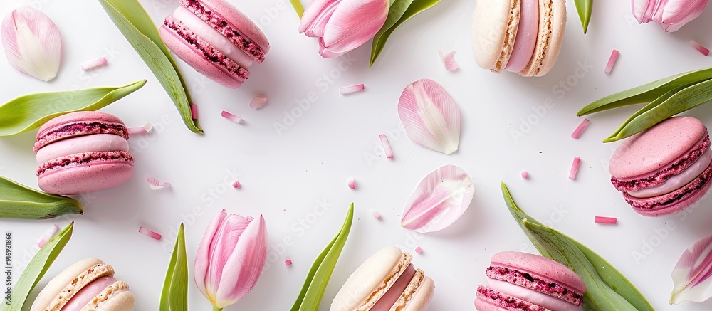 Poster white background with pink tulips and macaron cookies features a copy space image