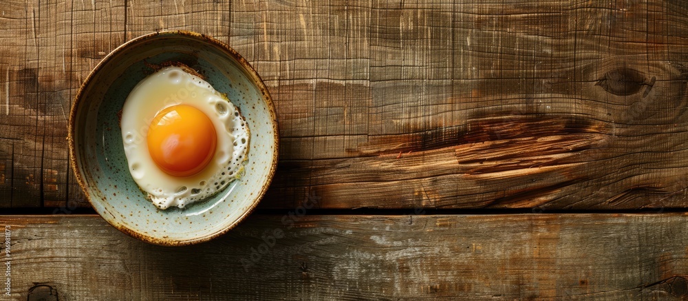 Poster Top view of an egg in a dish on a rustic wooden table with an old background featuring copy space image