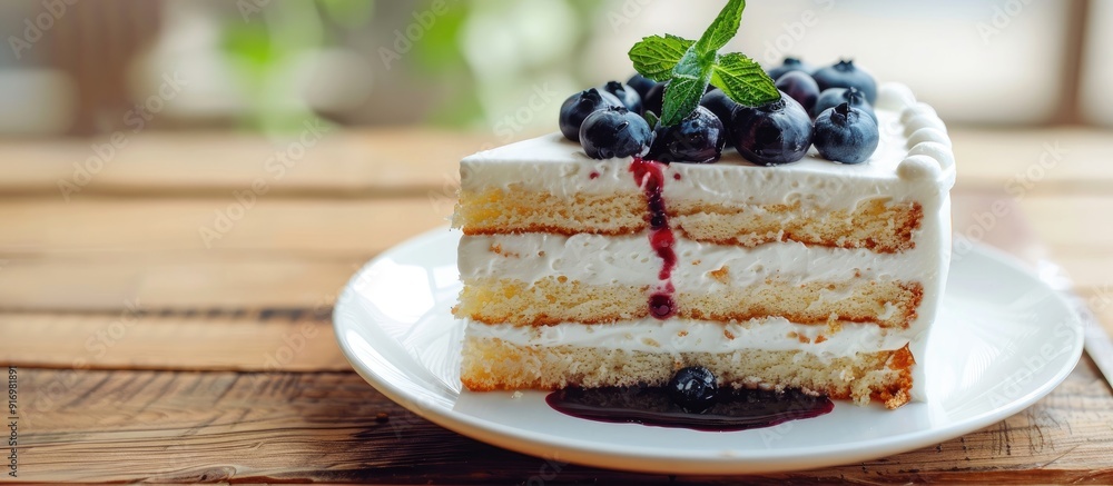 Poster vanilla sponge cake adorned with dairy whipped cream and blueberry sauce placed on a wooden table wi