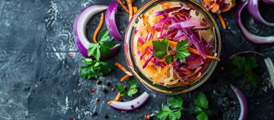 Fototapeta premium Homemade sauerkraut with vibrant carrots and red onions provides a colorful copy space image
