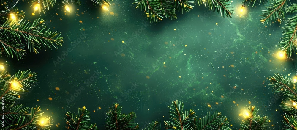 Aufkleber festive holiday background featuring a border of fir branches twinkling lights and ample copy space 