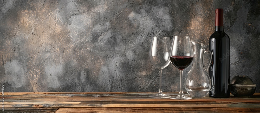 Aufkleber restaurant table with empty wine glasses a wine bottle and jug on wooden surface with copy space ima