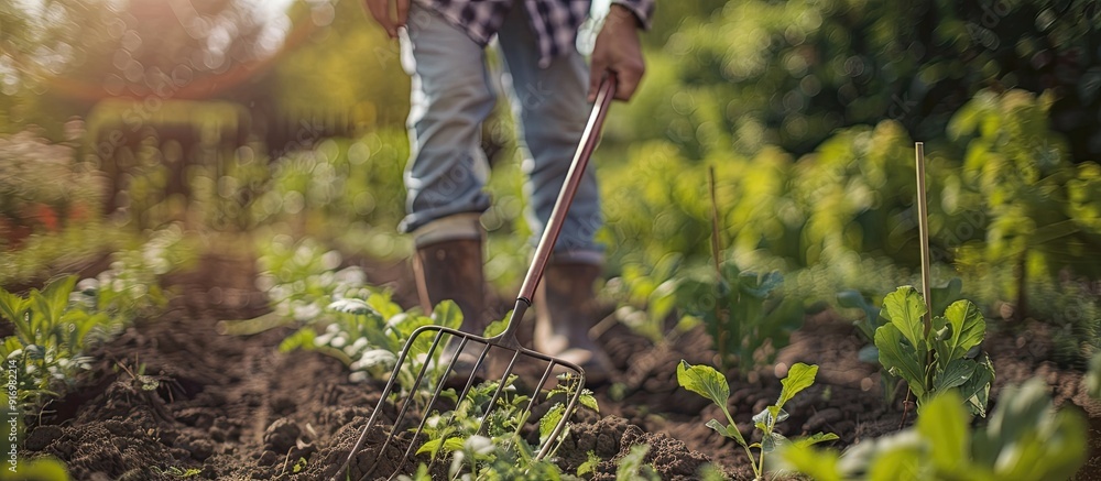 Poster man using a rake in the spring in a garden for organic food production method with a copy space imag