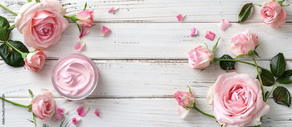 Aufkleber rose flower and pink moisturizer displayed on a white wood background with ample copy space image