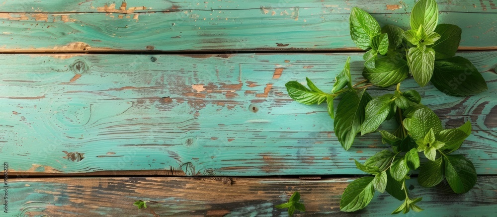 Poster a rustic green mint wood setting with copy space image