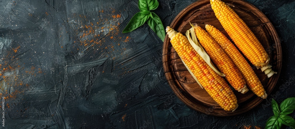 Poster elegant rustic style composition with raw baby corn on wooden board viewed from the top and side aga