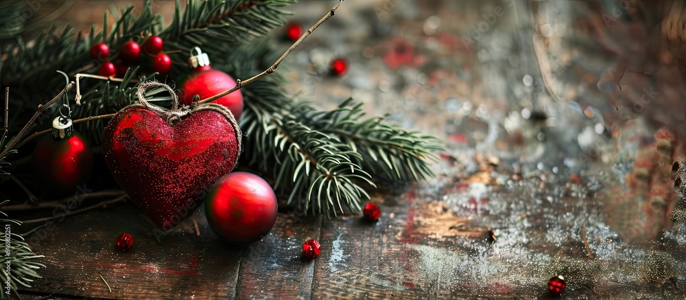 Fototapete a rustic heart and christmas tree baubles on a background featuring a copy space image