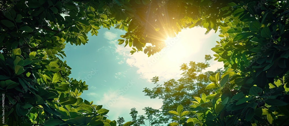 Poster a heart shaped copy space image framed by tree branches leaves and sunlight in a garden against a sk