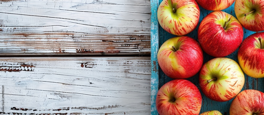 Aufkleber fresh apples arranged neatly on a blue tray on a rustic white wooden table providing a scenic copy s