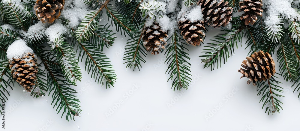 Aufkleber Top down view of snow covered branch Christmas tree and spruce cones placed elegantly creating a festive scene with copy space image