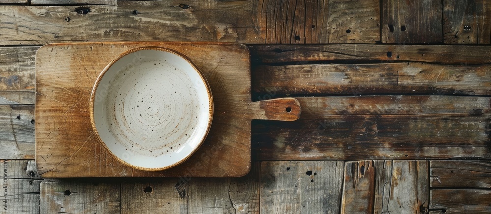 Leinwandbilder copy space image of an empty plate on a cutting board set against a rustic wooden kitchen table back