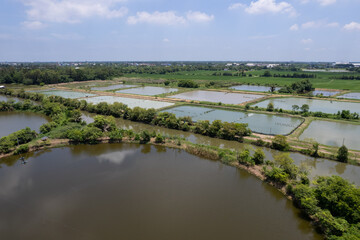 Aerial view from flying drone of Fish pond, fish farm